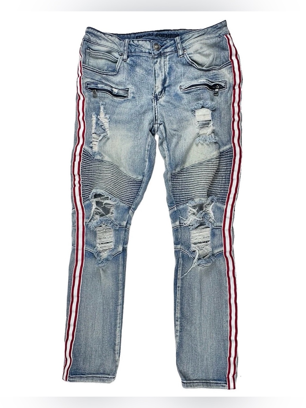 Rue21 Premium Moto Skinny Jeans Distressed Side Stripe Light Wash Men's 30x32